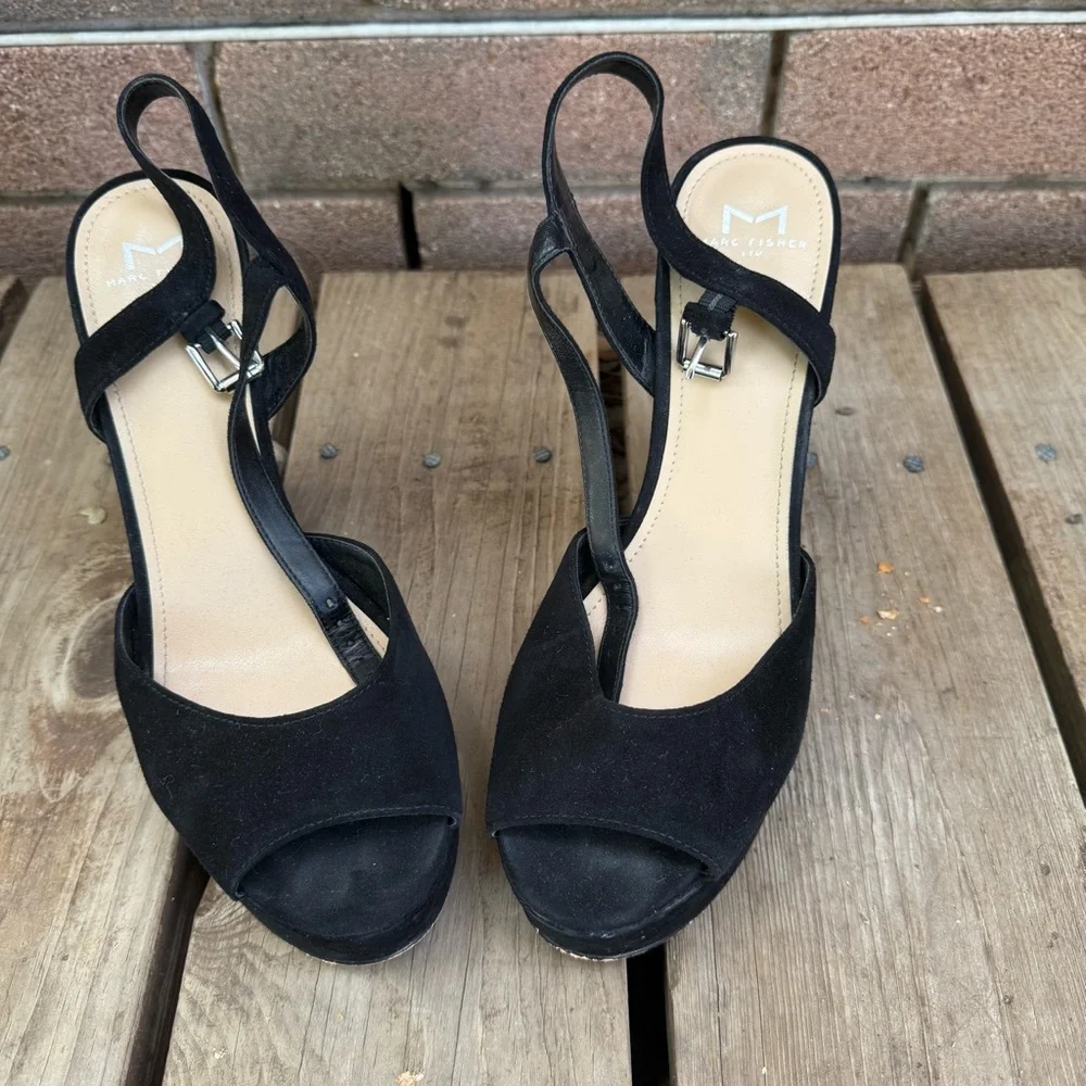 Marc Fisher Stacey Suede Platform Black Open-Toe Heels Size 9.5M